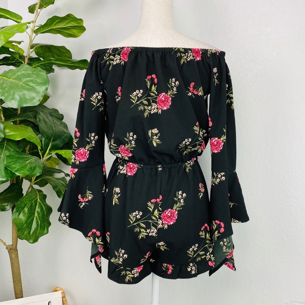 BLACK FLORAL LONG BELL SLEEVE SHORT RUFFLE ROMPER - Picture 2 of 8